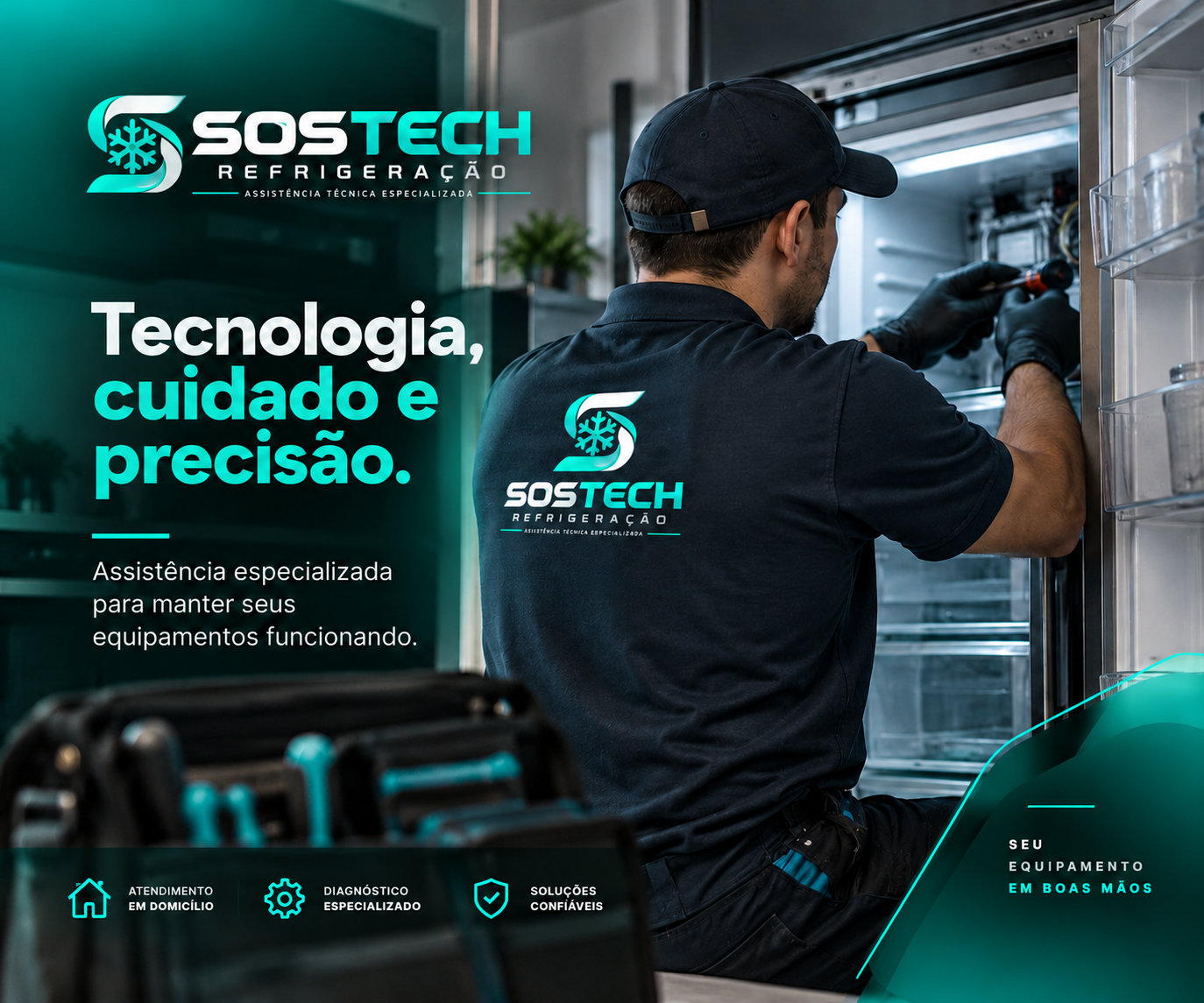 Técnico da SOS Tech realizando manutenção em equipamento de refrigeração